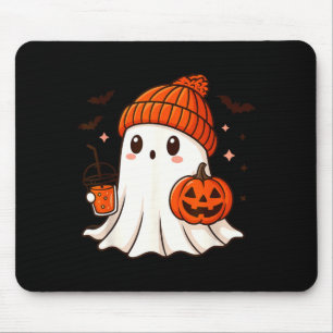 Cute Ghost with Beanie Holding Pumpkin Coffee Mouse Pad
