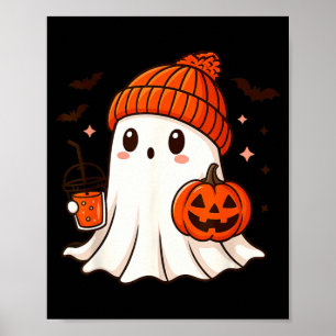 Cute Ghost with Beanie Holding Pumpkin Coffee Poster