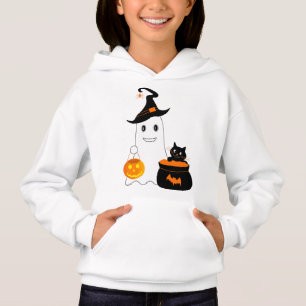 Cute ghost with black cat celebrate halloween