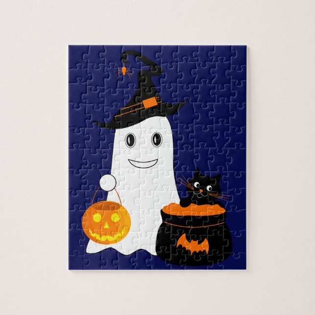 Cute ghost with black cat celebrate halloween jigsaw puzzle (Vertical)