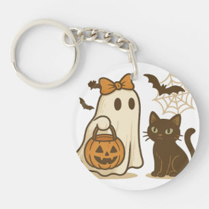 Cute Ghost with Bow and Black Cat – Adorable Spook Keychain