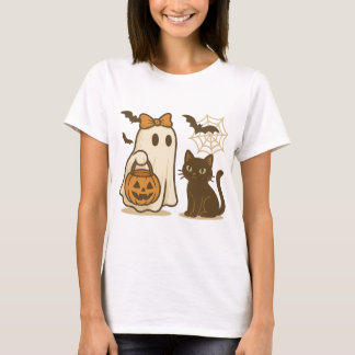 Cute Ghost with Bow and Black Cat – Spooky Kawaii T-Shirt