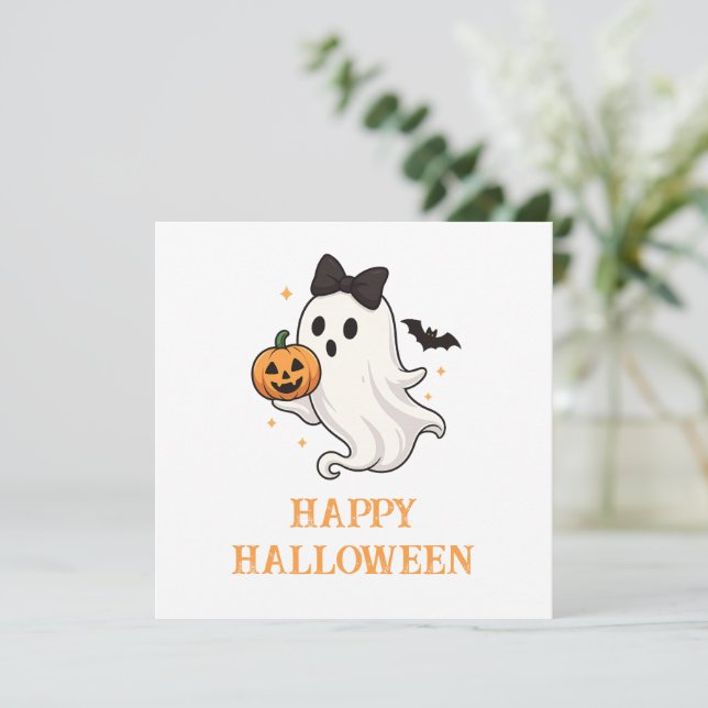 Cute Ghost with Bow and Pumpkin | Halloween  (Standing Front)