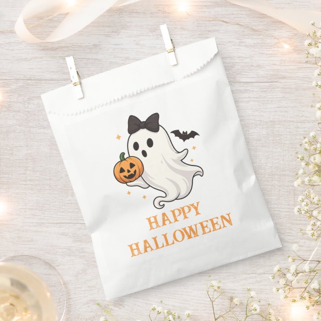 Cute Ghost with Bow and Pumpkin | Halloween  Favour Bag (Clipped)