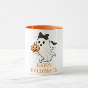 Cute Ghost with Bow and Pumpkin Halloween Mug