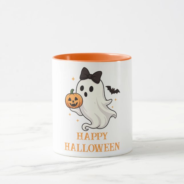 Cute Ghost with Bow and Pumpkin | Halloween  Mug (Center)
