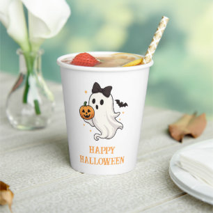 Cute Ghost with Bow and Pumpkin Halloween Paper Cups