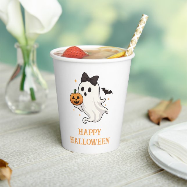 Cute Ghost with Bow and Pumpkin | Halloween  Paper Cups (Insitu)