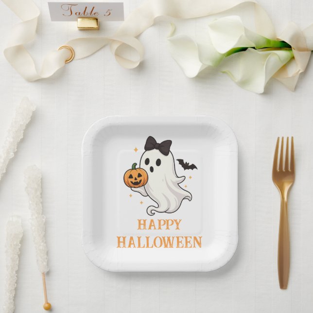 Cute Ghost with Bow and Pumpkin | Halloween  Paper Plate (Wedding)