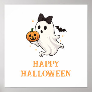 Cute Ghost with Bow and Pumpkin   Halloween  Poster