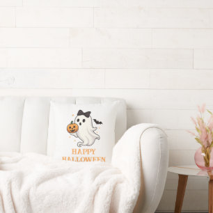 Cute Ghost with Bow and Pumpkin Halloween Throw Pillow