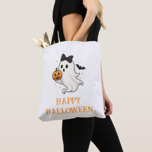 Cute Ghost with Bow and Pumpkin   Halloween  Tote Bag
