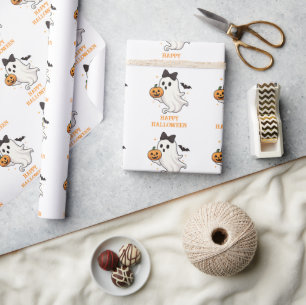 Cute Ghost with Bow and Pumpkin   Halloween  Wrapping Paper