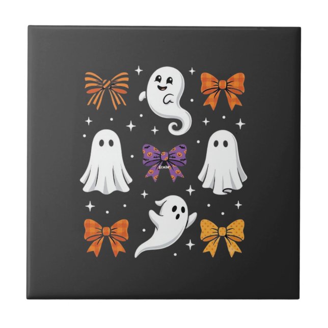 Cute Ghost with Bows Halloween Design_1 Tile (Front)