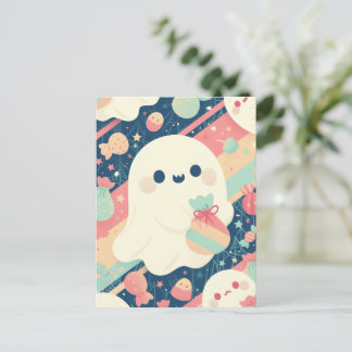 Cute Ghost with Candy Bag in Pastel Colour Style Holiday Postcard