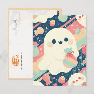Cute Ghost with Candy Bag in Pastel Colour Style Postcard