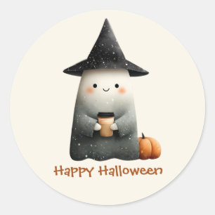 Cute Ghost with Coffee Halloween Classic Round Sticker