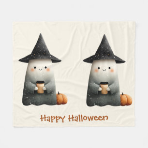 Cute Ghost with Coffee Halloween Fleece Blanket
