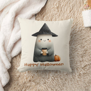 Cute Ghost with Coffee Halloween Throw Pillow
