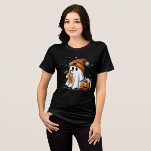 Cute Ghost with Drink and Pumpkin Art Tri-Blend Shirt