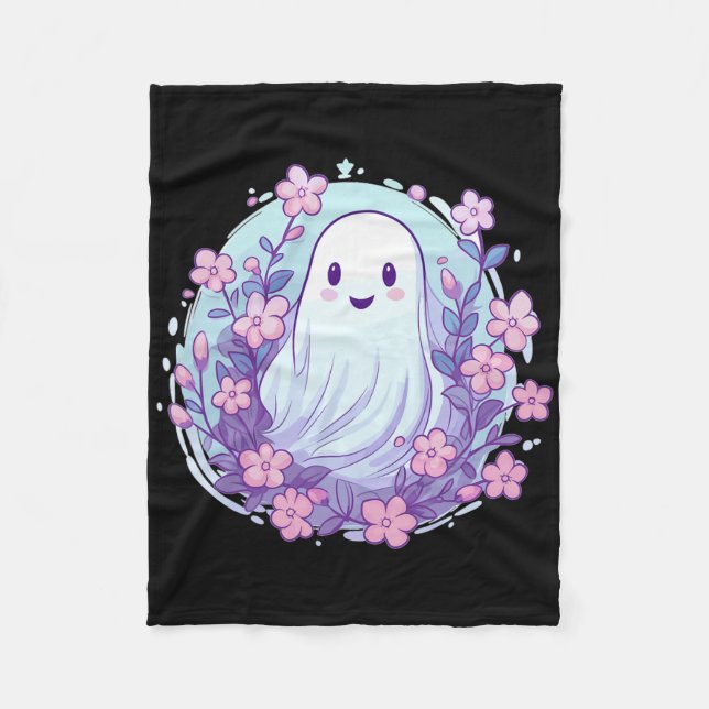 Cute Ghost With Flowers I Kids Ghost  Fleece Blanket (Front)