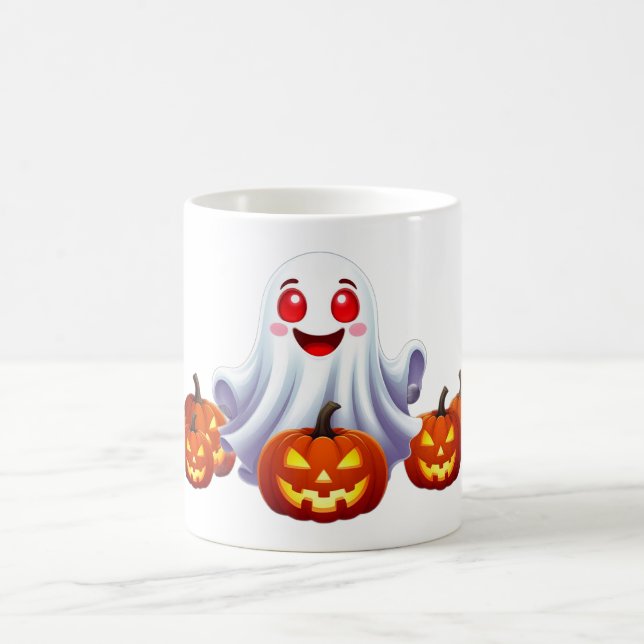 Cute Ghost With Glowing Pumpkins Halloween Magic ✨ Coffee Mug (Center)