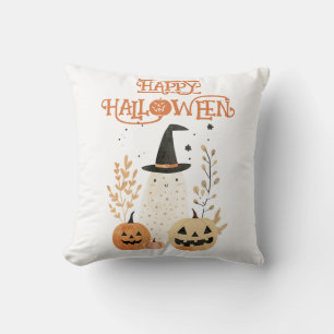 Cute Ghost with Jack--o-Lantern Pumpkins Halloween Throw Pillow