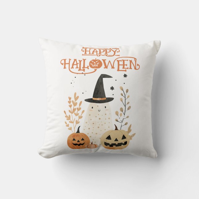 Cute Ghost with Jack--o-Lantern Pumpkins Halloween Throw Pillow (Front)