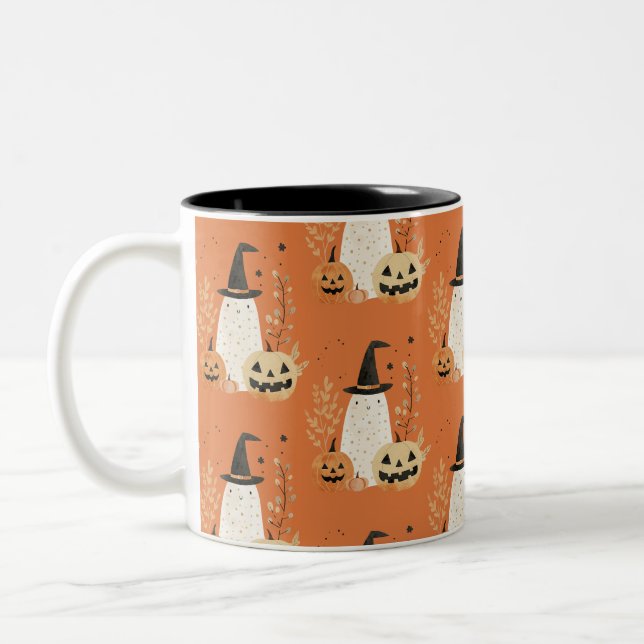 Cute Ghost with Jack--o-Lanterns Halloween Pattern Two-Tone Coffee Mug (Left)