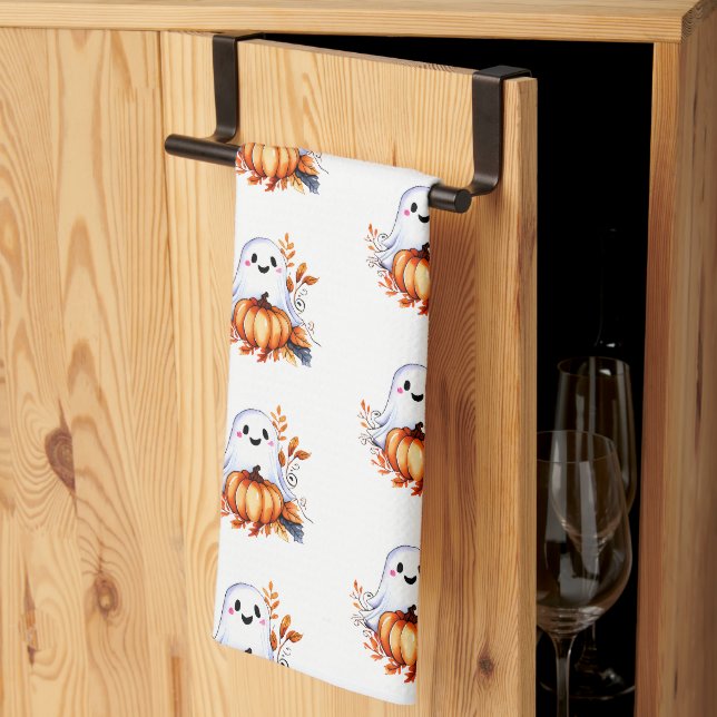 Cute Ghost with Pumpkin Design Kitchen Towel (Thirds Fold)