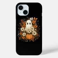 Cute Ghost With Pumpkin & Fall Flowers – Halloween