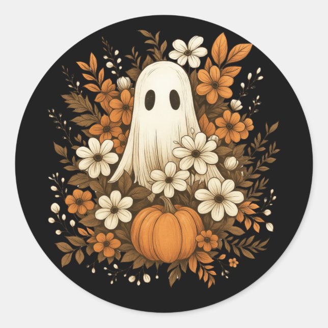 Cute Ghost With Pumpkin & Fall Flowers – Halloween Classic Round Sticker (Front)