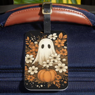 Cute Ghost With Pumpkin & Fall Flowers – Halloween Luggage Tag