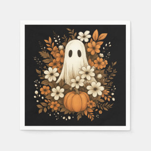 Cute Ghost With Pumpkin & Fall Flowers – Halloween Napkin
