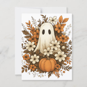 Cute Ghost With Pumpkin & Fall Flowers – Halloween Postcard