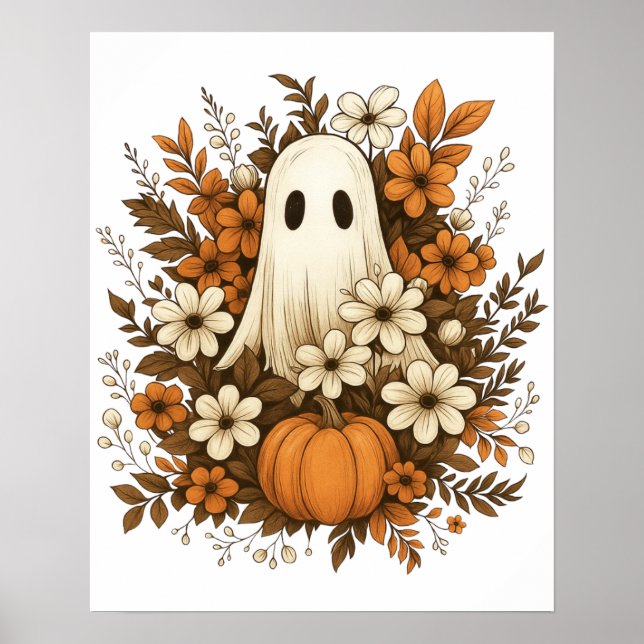 Cute Ghost With Pumpkin & Fall Flowers – Halloween Poster (Front)