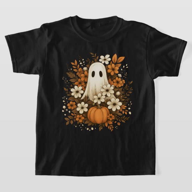 Cute Ghost With Pumpkin & Fall Flowers – Halloween T-Shirt (Laydown)