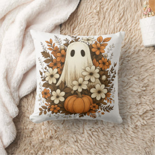 Cute Ghost With Pumpkin & Fall Flowers – Halloween Throw Pillow