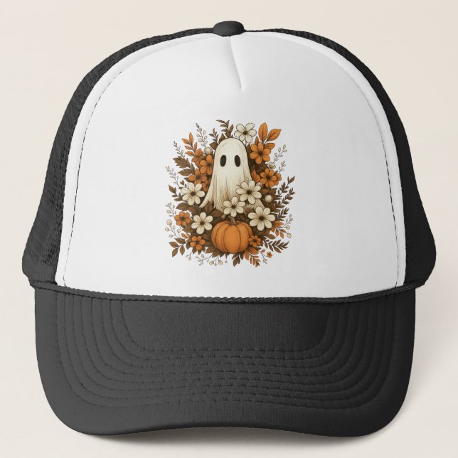 Cute Ghost With Pumpkin & Fall Flowers – Halloween Trucker Hat (Front)