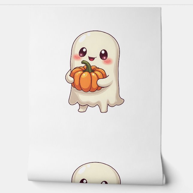 Cute Ghost with Pumpkin – Funny Halloween Wallpaper (Unrolling)