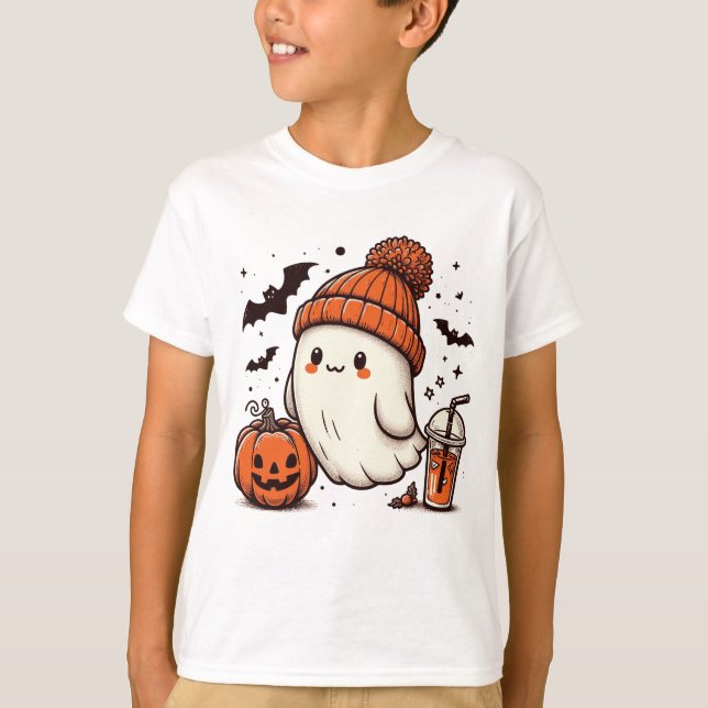 Cute Ghost with Pumpkin Halloween  T-Shirt (Front)