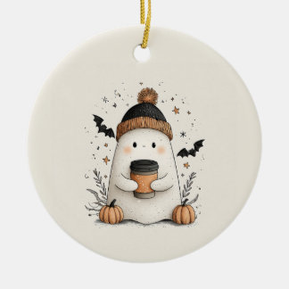 Cute Ghost with Pumpkin Latte – Cozy Autumn Hallow Ceramic Ornament