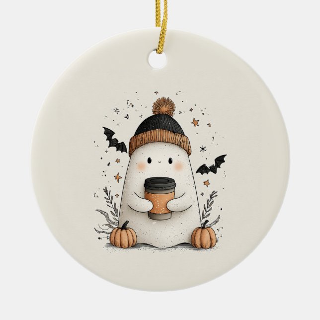 Cute Ghost with Pumpkin Latte – Cozy Autumn Hallow Ceramic Ornament (Front)