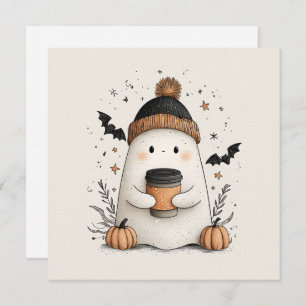 Cute Ghost with Pumpkin Latte – Cozy Autumn Hallow Holiday Card