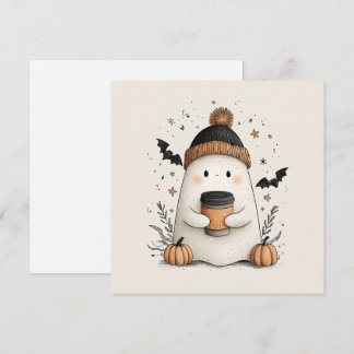 Cute Ghost with Pumpkin Latte – Cozy Autumn Hallow Holiday Card