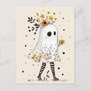 Cute Ghost with Sunflowers Whimsical Halloween Postcard