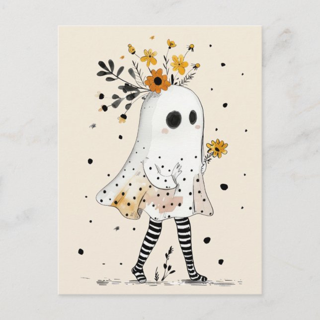 Cute Ghost with Sunflowers Whimsical Halloween Postcard (Front)