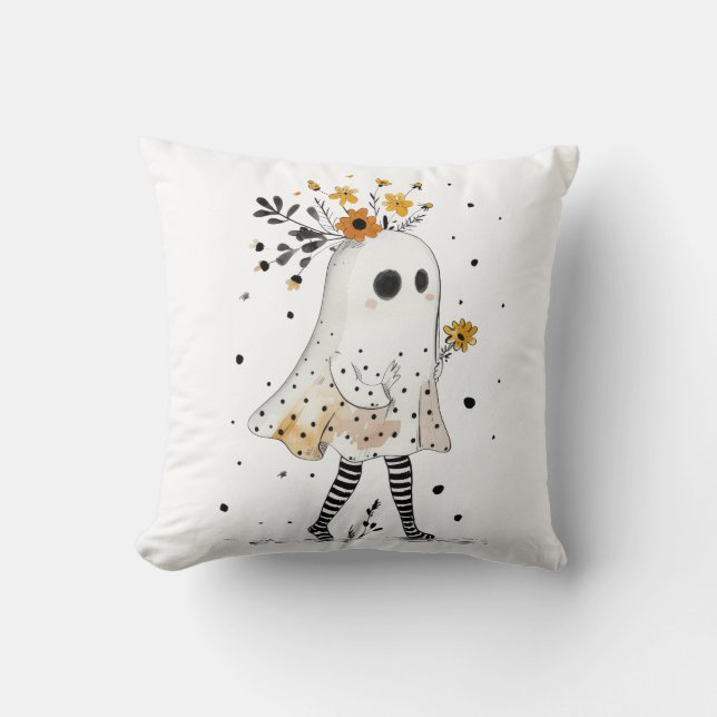 Cute Ghost with Sunflowers Whimsical Halloween Throw Pillow (Front)