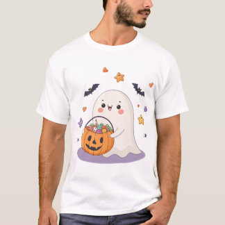 Cute Ghost with Trick-or-Treat Candy Bucket T-Shirt