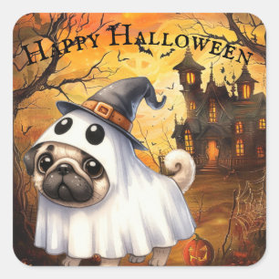 Cute Ghostie Pug Customizable Halloween Square Sticker